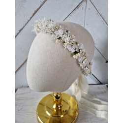 Wianek komunijny na głowę ze stabilizowanej drobnej gipsówki, statycji i glixii. Wieczny wianek